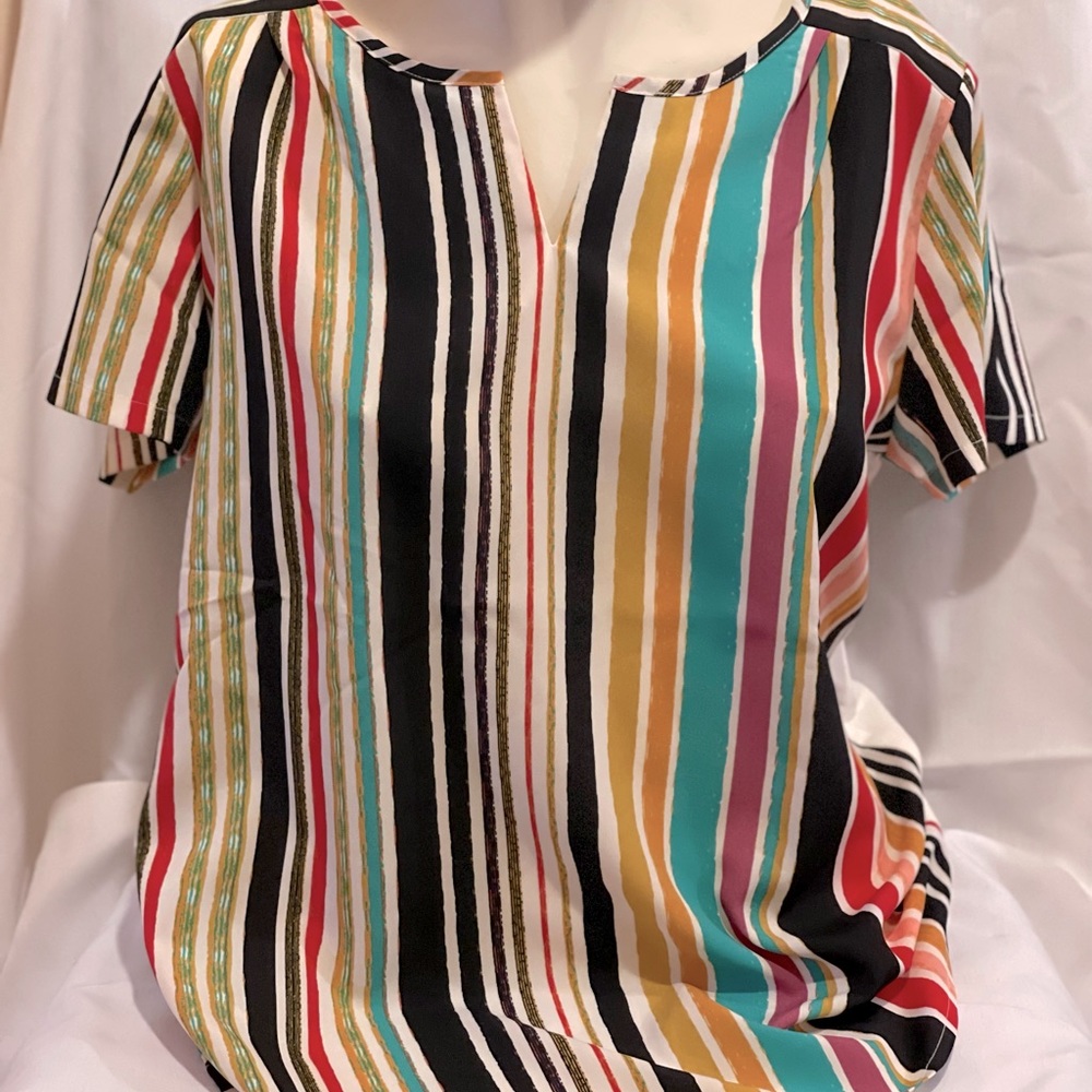 Striped Split Neck Short Sleeve Mixed Media Top